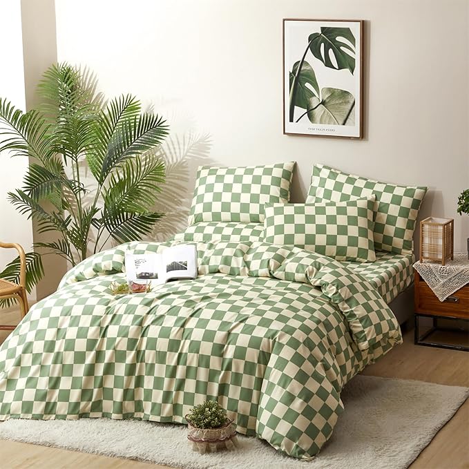 CLOTHKNOW Green White Grid Full Size Comforter Sets Plaid Bedding Comforter Sets Soft Checker Geometric Comforter with 2 x Pillow Cases