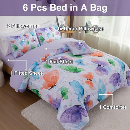 A Nice Night 6pcs Bed in A Bag Watercolor Ink Wash Tie-Dye Butterfly Flying Printed, Butterflies Bedding Comforter Set, Purple Green Twin