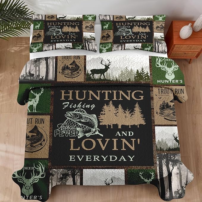 Quilt Set Full/Queen Size, Cabin Deer Animal Tree 3 Pcs Soft Bed Cover Bedding Set for Kids and Adults, Rustic Mountains Gray Lightweight Bedspread Coverlet with Pillow Sham for All Season