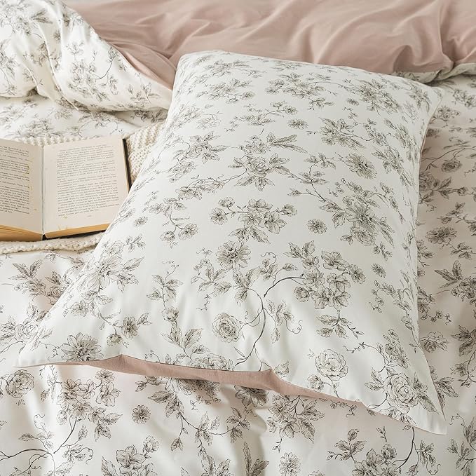 Zusbest 100% Cotton Tan Floral Pillowcases Standard Size Set of 2, 19''×29'', Queen Size Beige Vintage Toile Flower Printed Pillow Covers Soft Envelope Queen Pillowcase Protectors