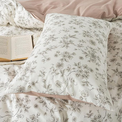 Zusbest 100% Cotton Tan Floral Pillowcases Standard Size Set of 2, 19''×29'', Queen Size Beige Vintage Toile Flower Printed Pillow Covers Soft Envelope Queen Pillowcase Protectors