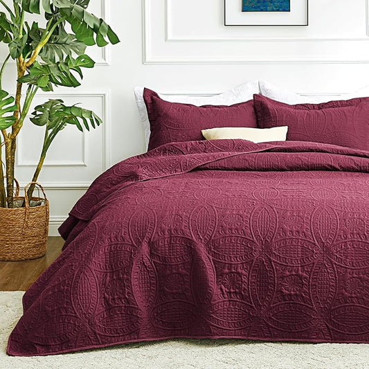 Love's cabin Oversized King Size Quilt Bedding Set Burgundy Bedspreads - Oversized King Lightweight Bedspread Comforter - Coin Pattern Coverlet for All Season - 3 Pieces (1 Quilt, 2 Pillow Shams)