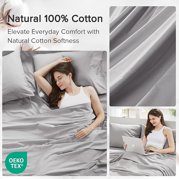 Comfort Spaces 100% Cotton Sheet Set Breathable, Lightweight, Soft with 12" Elastic Pocket Fits up to 14" Mattress, All Season Cozy Bedding, Matching Pillow Case, Twin XL Grey 3 Piece