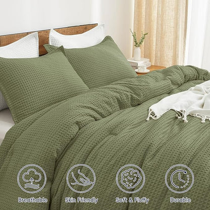 PHF Ultra Soft Waffle Weave Comforter Set Queen Size, 3 Pieces Lightweight Breathable Comfy Bedding Set, Comfy Textured 1 Comforter with 2 Pillow Shams, Olive Green