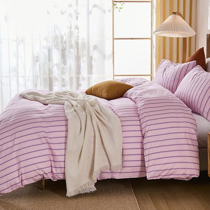Merryword 100% Cotton Duvet Cover Set Queen Size - Pink & Purple Striped Bedding Set with Zipper & Corner Ties, 3-Piece Luxury & Silky Soft Bedding Set for All Seasons