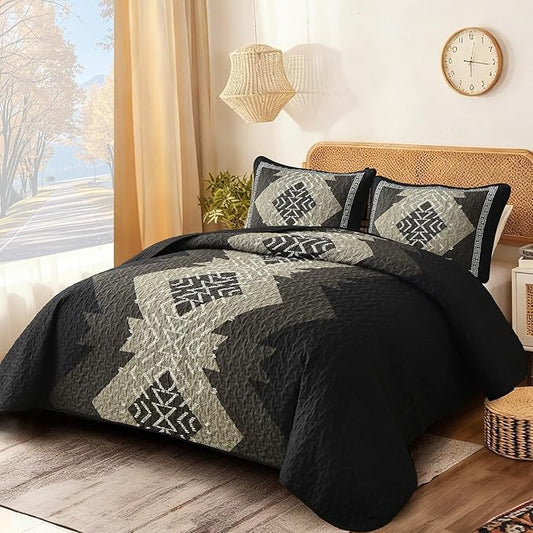 Dintszyayue Black Boho Quilt Set Queen, Aztec Western Quilt Bedspread Set, 3 Pieces Texture Bedspread Southwestern Bedding Set, Soft Lightweight Coverlet Set for All Season with 2 Pillowcases