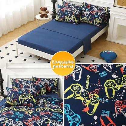 Glow in The Dark Kids Comforter Set, 7 Pieces Gamepad Pattern Bedding Set Full Size for Boys Girls Teen, 1 Comforter, 1 Pillowcase, 2 Pillow Shams