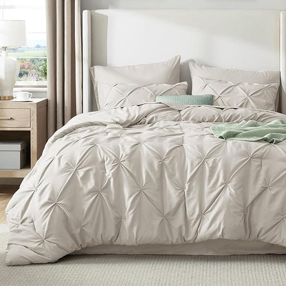 Bedsure Full Comforter Set Linen - Bed in a Bag Full Size Bedding Set 7 Pieces, GentleSoft™ Pintuck Bed Set Gift for Family, Pinch Pleat All Season Comforter with Sheets, Pillowcases & Shams
