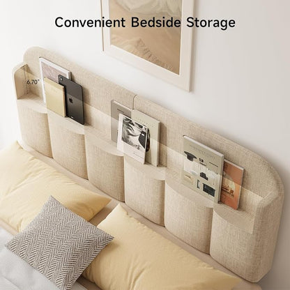 Headboard for Full/Queen Size with LED Light, Upholstered Bed HeadBoard with Storage, Linen Fabric Head Board with Vertical Channel Design, Height Adjustable, Easy to Assemble, Beige
