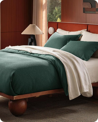 Bedsure Cotton Duvet Cover King - 100% Cotton Waffle Weave Forest Green Duvet Cover King Size, GentleSoft™ and Breathable Bedding Set for All Season, 3 Pieces, 104"x90"
