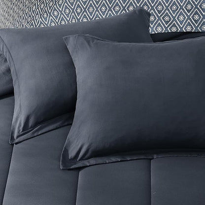 Monbix Queen Comforter Set - 7 Pieces Blue Grey Bed in a Bag Queen Track Stitching Bedding Sets, All Seasons Comforter Bed Set with Sheets, Pillowcases & Shams