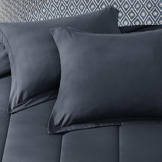 Monbix King Size Comforter Set - 7 Pieces Bed in a Bag King, Blue Grey Track Stitching Bedding Sets with Comforter, All Seasons Comforter Bed Set with Sheets, Pillowcases & Shams