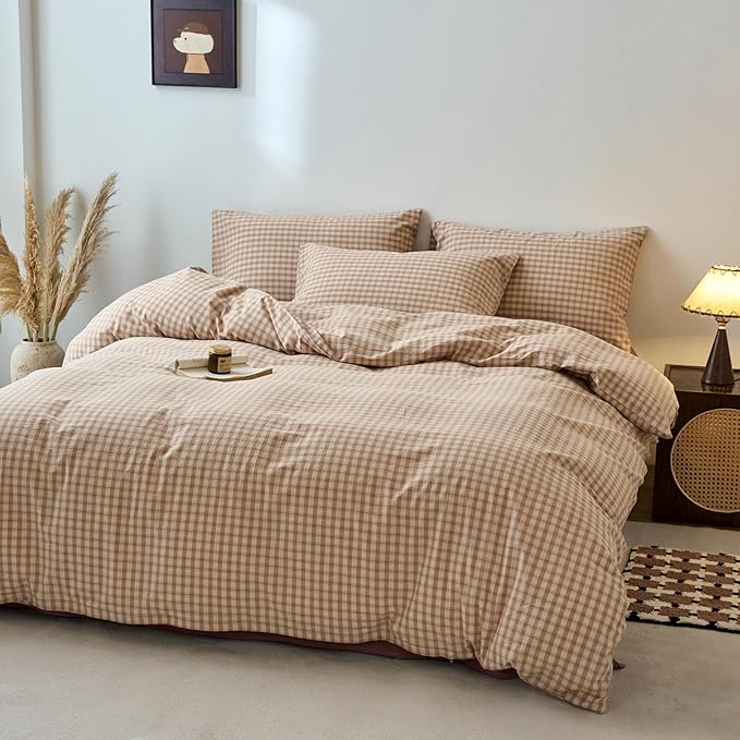 EAVD Vintage Style Pink&Tan Plaid Duvet Cover Queen Soft 100% Washed Cotton Chic Checkered Gingham Bedding Set with 2 Pillowcases Farmhouse Gingham Duvet Cover with Zipper Closure