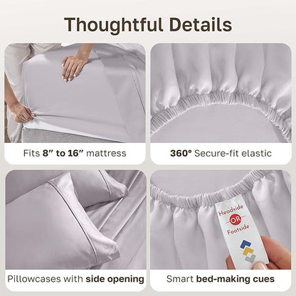 California Design Den Soft 400 Thread Count Natural 100% Cotton Sheets Sateen, King Bed Sheets Set, Deep Pockets, All-Around Elastic for a Snug Fit, Durable Bedding Set - Dusky Lavender Grey