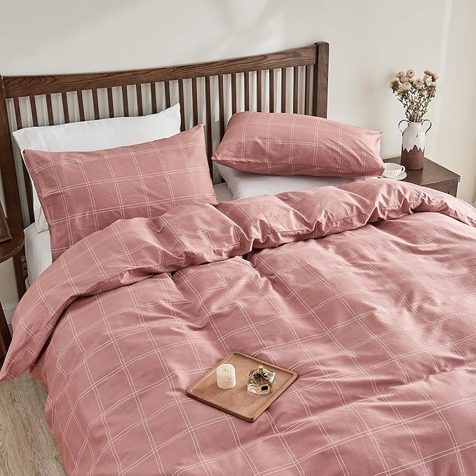 JELLYMONI 100% Natural Cotton King Duvet Cover Set, 3pcs Plaid Duvet Cover Sets with Zipper Closure, Grid Geometric Pattern Comforter Cover, Pink