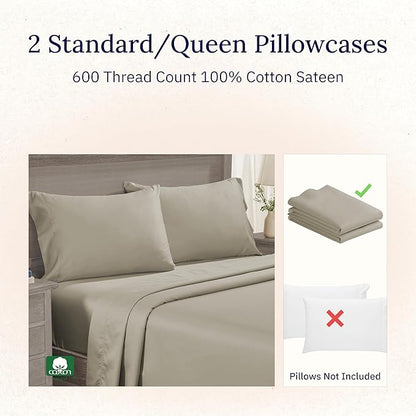 CALIFORNIA DESIGN DEN Luxuriously Soft Hotel Quality 600 Thread Count, 100% Cotton Set of 2 Cases, Crisp & Cool Pillow Cases Queen Size, Fits Standard & Queen Pillows (Taupe)