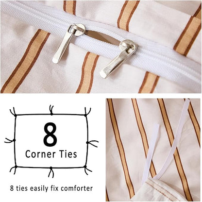Merryword Striped Duvet Cover Set Queen Size 3 Pieces 100% Cotton Duvet Cover Set with Beige and Terracotta Vertical Stripe Design,Soft Lightweight Reversible Bedding Set for All Seasons