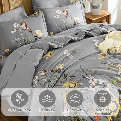 WONGS BEDDING King Comforter Set 7 Piece, Grey Floral Bed in a Bag Bedding Set with Botanical Flowers Patterns, Soft Lightweight Complete Comforters with Sheets for All Season