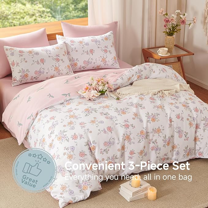 Floral Comforter Set Queen Size - 3 Pieces Pink White Floral Comforter Bedding Sets Reversible Pattern,Queen Bed in a Bag with Flowers Comforter and 2 Pillowcases