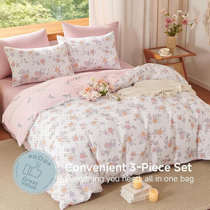 Floral Comforter Set King Size - 3 Pieces Pink White Floral Comforter Bedding Sets Reversible Pattern,King Bed in a Bag with Flowers Comforter and 2 Pillowcases