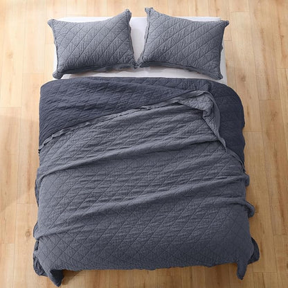 HORIMOTE HOME 100% Linen Front/100% Cotton Back Quilt Set Twin Size, Steel Blue Pre-Washed Flaxen Bedspread Coverlet Set, Diamond Stitch Cotton Linen Bedding Set 2-Piece for All Seasons