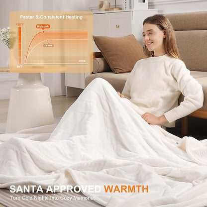 Electric Throw Heated Blanket 50''X60'' - Soft Silky Plush Electric Blanket with 5 Heating Level & 4 Hour Auto Off Heating Blanket, ETL Certified & Machine Washable for Grandma Gifts(Cream White)
