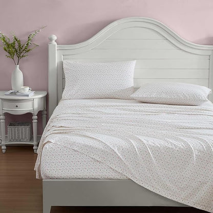 Laura Ashley - King Sheet Set, Crisp & Cool Sheets w/a Naturally Smooth Cotton Percale Feel, Deep Pocket, Bed Sheets with Matching Pillowcases & Fitted Sheet (Heirloom Ditzy Blue)