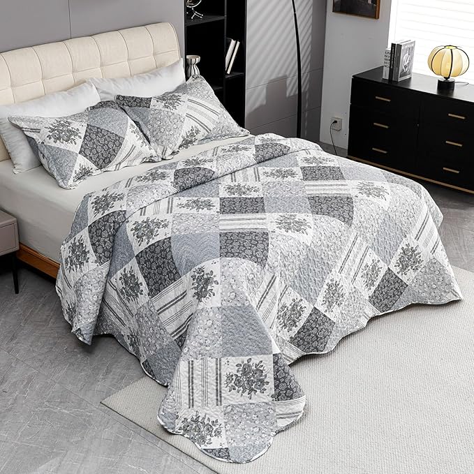 Cmfshape Summer Floral King Bedspread,Romantic Grey Quilt Set King,Reversible Stitched Bedding Set All Season,Soft Lightweight Coverlet with Pillow Cases (Dark Grey, King102 x90)