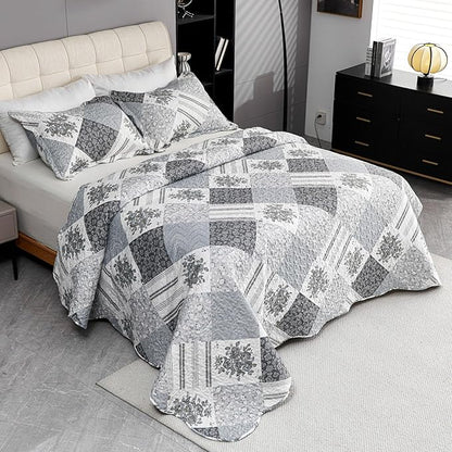 Cmfshape Summer Floral Queen Bedspread,Romantic Grey Quilt Set Full,Reversible Stitched Bedding Set All Season,Soft Lightweight Coverlet with Pillow Cases (Dark Grey, Queen90 x90)