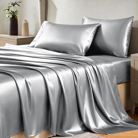 CozyLux Satin Sheets Twin Sheet Set - 3 Piece Silky Twin Bed Sheets, Luxury Light Grey Sheet Twin Size Bed Set with Smooth and Soft Microfiber, Includes 1 Fitted Sheet, 1 Flat Sheet and 1 Pillowcase