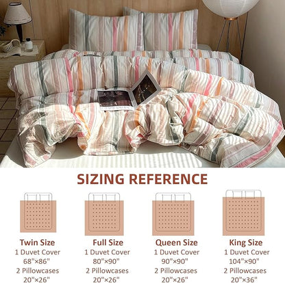 EAVD Retro Striped Duvet Cover Full Soft 100% Washed Cotton 3-Piece Vintage Multicolor Striped Pattern Bedding Set with 2 Pillowcases Reversible Geometric Pattern Duvet Cover with Zipper Closure