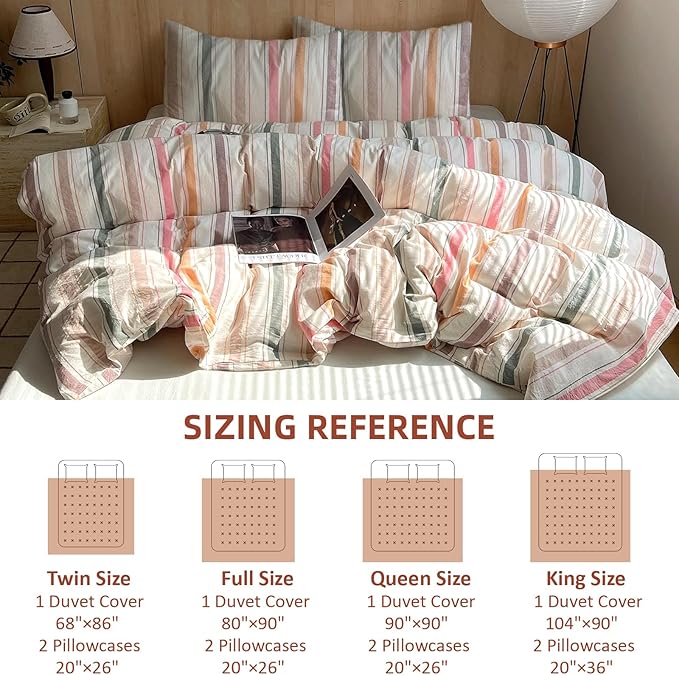 EAVD Retro Striped Duvet Cover Queen Size Colorful Soft 100% Washed Cotton 3-Piece Vintage Stripe Bedding Set with 2 Pillowcases Reversible Farmhouse Geometric Pattern Duvet Cover with Zipper Closure