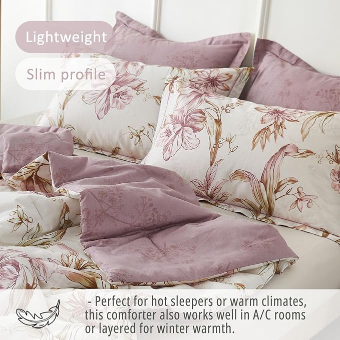 Floral Cotton Comforter King Size 3Pcs - Pink Flowers on Botanical Textured Beige Front, Mauve Taupe Back, Reversible Lightweight Bedding Sets with Soft Fill(King, 104"×90")