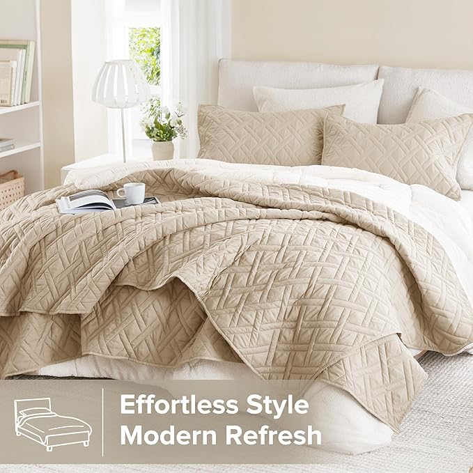 Comfort Spaces Queen Quilt Set Modern Reversible Diamond Coverlet Queen Bedding Set Cozy Quilted Winter Layer, All Season Lightweight Soft Queen Size Quilt, Kienna, Full/Queen Beige Diamond 3 Piece