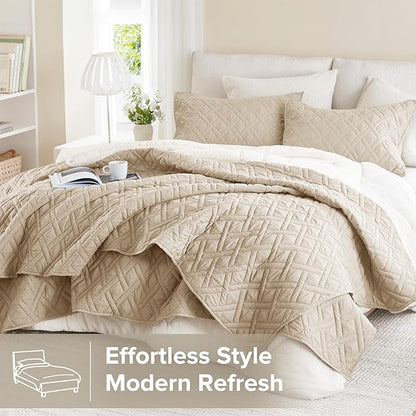 Comfort Spaces Queen Quilt Set Modern Reversible Diamond Coverlet Queen Bedding Set Cozy Quilted Winter Layer, All Season Lightweight Soft Queen Size Quilt, Kienna, Full/Queen Beige Diamond 3 Piece