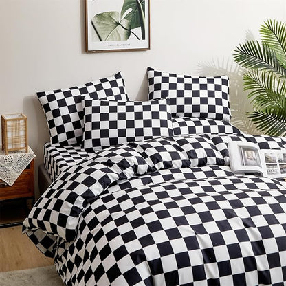 CLOTHKNOW Black White Plaid Twin Comforter Set Grid Bedding Comforter Sets Soft Checker Black and White Comforter with 2 x Pillow Cases