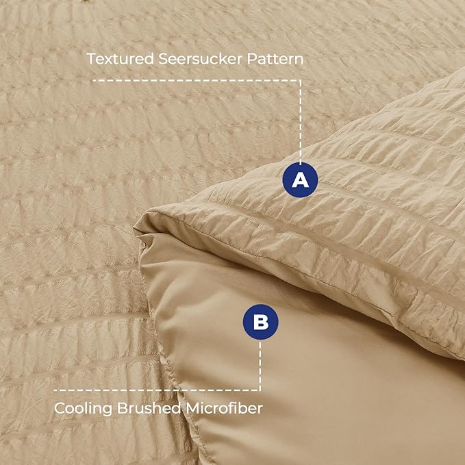 HYMOKEGE Khaki Duvet Cover Full Size, Ultra Soft 3-Piece Seersucker Duvet Cover Set with Zipper Closure, Soft Brushed Microfiber Bedding Set with 8 Corner Ties (80"x90", 2 Pillowshams)