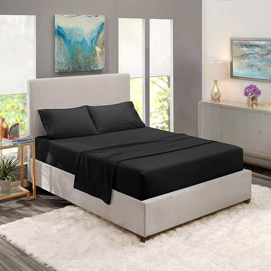 Nestl Short Queen Sheet Set - 1800 Ultra-Soft Microfiber - Double Brushed - Deep Pockets - Easy Fit - 4 Piece Set - Bed Sheets (Short Queen, Black)