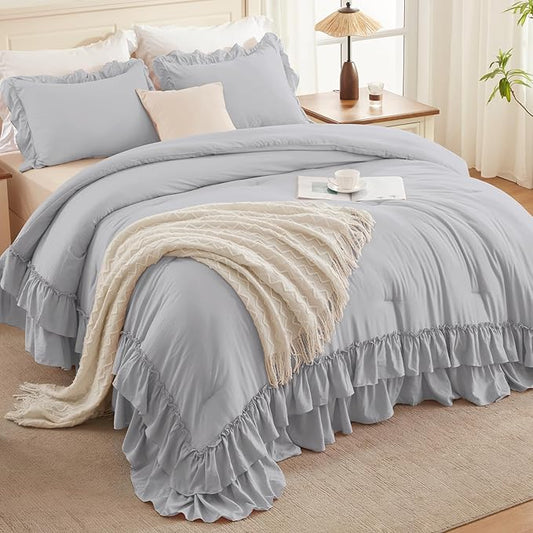 Andency Light Gray Twin Size Comforter Set(66x90Inch), 2 Pieces(1 Ruffle Comforter and 1 Pillowcase) Lightweight Fluffy Bedding Comforter Sets for Kids, All Season Soft Polyester Bedding Set