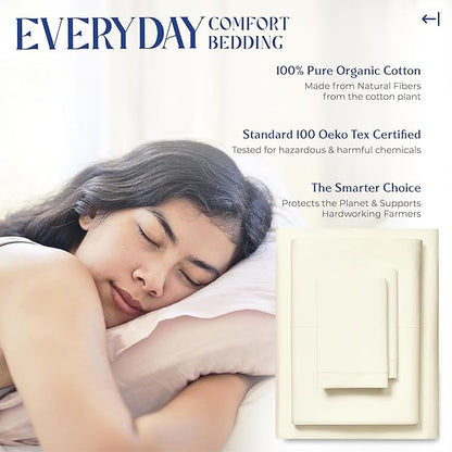 Mayfair Linen 100% Organic Cotton Sheets Twin XL Size - 3 PC Organic Cotton Twin XL Size Percale Weave Sheet Set, Soft, Cooling, Crisp & Breathable, 16" Deep Pocket Hotel Quality Bedding Set - Ivory