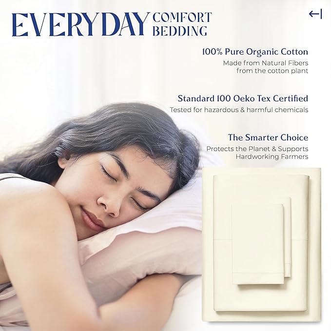 Mayfair Linen 100% Organic Cotton Percale Twin Sheets - 3 Piece Set, 16" Deep Pocket, Breathable, Soft Cooling, Dorm Room Sheets - Ivory