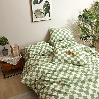 CLOTHKNOW Green White Plaid Twin/Twin XL Comforter Set 3Pcs Grid Bedding Comforter Sets Buffalo Checnker Comforter Soft Green White Comforter Sets