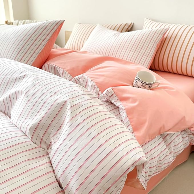EAVD Pink White Striped Duvet Cover Twin Soft 100% Cotton Pink Vertical Ticking Stripes Bedding Set with 2 Pillowcases Modern Geometric Pattern Duvt Cover with Zipper Closure
