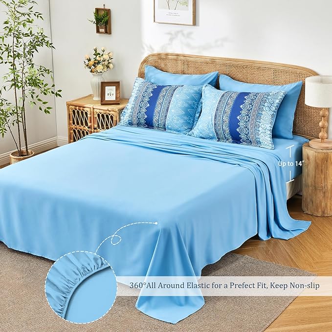 Boho King Size Comforter Set Blue - 7 Pieces Floral Striped Comforter Set with Sheets, Soft Microfiber Bohemian Complete Bedding Sets for All Season (Blue,King)