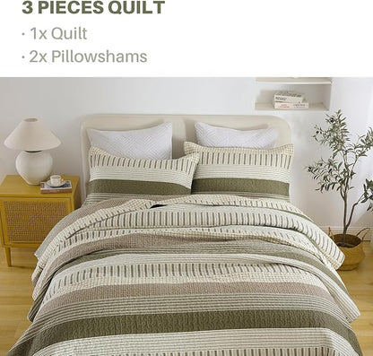 PANGUSHAN 100% Cotton Quilt Set Queen Size, Patchwork Queen Quilt Bedding Set Bedspreads, Farmhouse Lightweight Comforter Reversible Quilt, Queen Bed Spread for All Season, Green/Brown/Cream