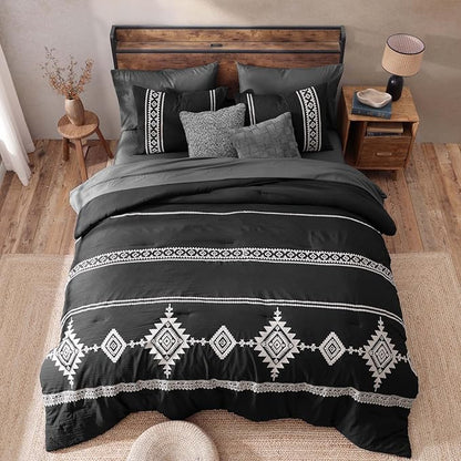 MaiRêve Embroidery Comforter Set, Boho Farmhouse Western Bedding Set, All Season Bed in A Bag Comforter Set with Sheets, Pillowcases & Shams, Black Oversized Queen 7 Pieces