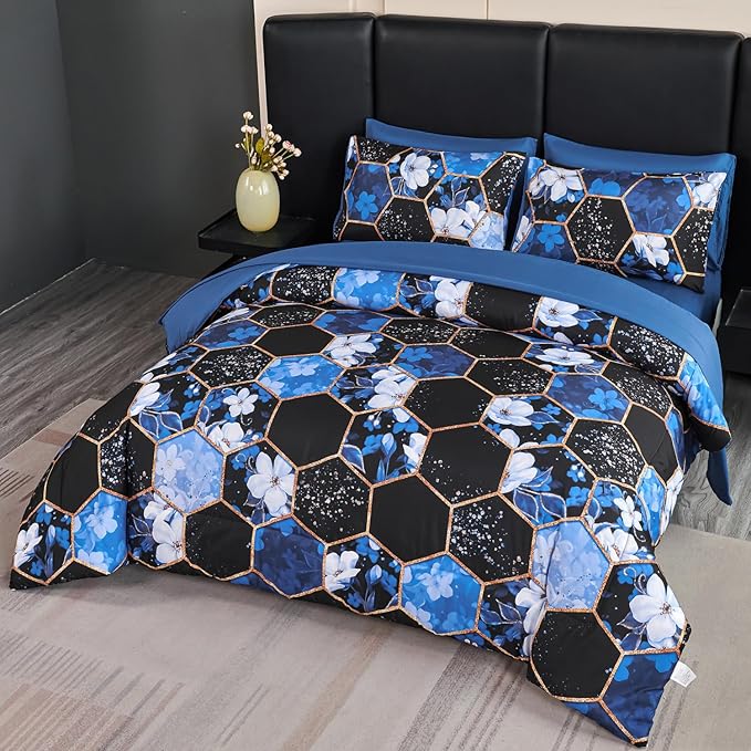 ANGIYUIN 7Pcs Blue Black Cal-King Size Comforter Sets Marble Bedding Sets White Flowers Print Bed in A Bag Soft Farmhouse Bedding Comforter Sets for Women Men
