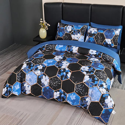 ANGIYUIN 7Pcs Blue Black Cal-King Size Comforter Sets Marble Bedding Sets White Flowers Print Bed in A Bag Soft Farmhouse Bedding Comforter Sets for Women Men