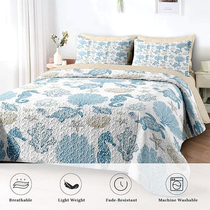 Quilt Set Full/Queen Size, Sea Shell Coral Seahorse 3 Pcs Soft Bed Cover Bedding Set for Kids and Adults, Starfish Nautical Lightweight Bedspread Coverlet with Pillow Sham for All Season