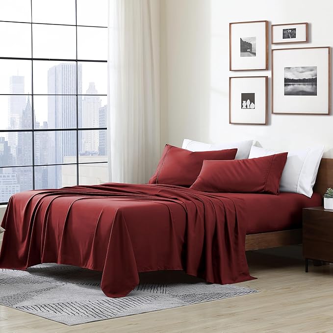 Cathay Home Essentials Ultra Soft Hypoallergenic Wrinkle Resistant Double Brushed Microfiber Bedding Sheet Set, Burgundy, Twin